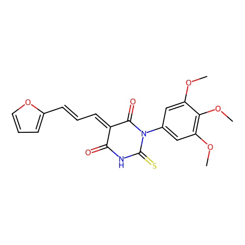 (5E)-5-[(E)-3-(furan-2-yl)prop-2-enylidene]-2-sulfanylidene-1-(3,4,5-trimethoxyphenyl)-1,3-diazinane-4,6-dione structure