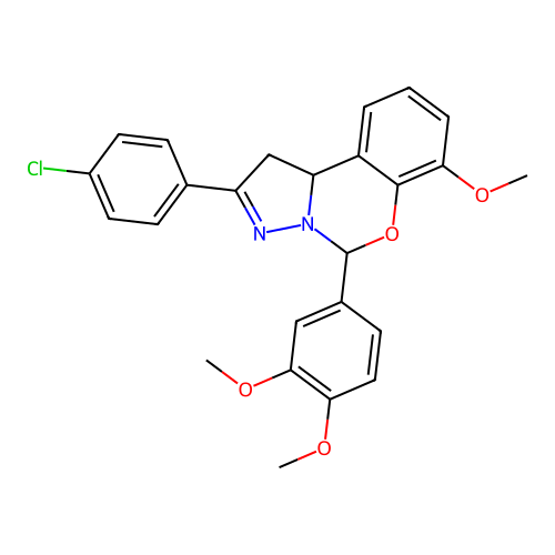 2-(4-chlorophenyl)-5-(3,4-dimethoxyphenyl)-7-methoxy-1,10b-dihydropyrazolo[1,5-c][1,3]benzoxazine structure