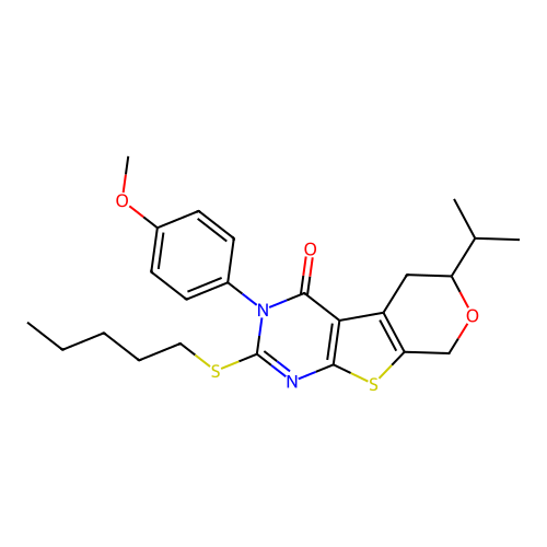 3-(4-methoxyphenyl)-2-(pentylsulfanyl)-6-(propan-2-yl)-3,5,6,8-tetrahydro-4H-pyrano[4',3':4,5]thieno[2,3-d]pyrimidin-4-one structure