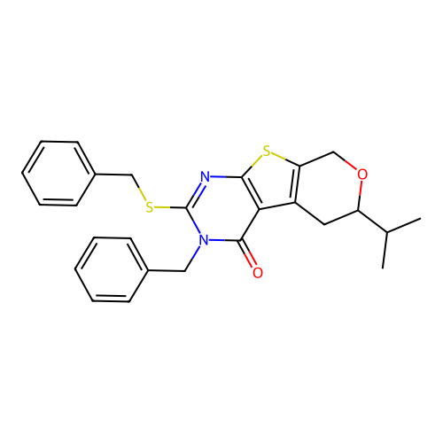 3-benzyl-2-(benzylsulfanyl)-6-(propan-2-yl)-3,5,6,8-tetrahydro-4H-pyrano[4',3':4,5]thieno[2,3-d]pyrimidin-4-one structure