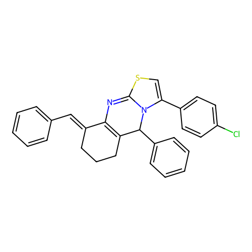 (9E)-9-benzylidene-3-(4-chlorophenyl)-5-phenyl-5,6,7,8-tetrahydro-[1,3]thiazolo[2,3-b]quinazoline structure