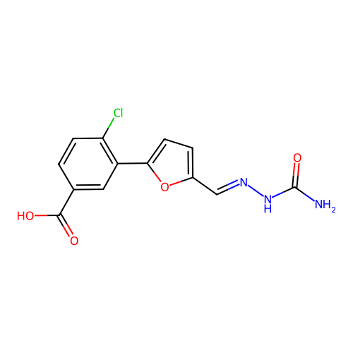 3-{5-[(E)-(2-carbamoylhydrazinylidene)methyl]furan-2-yl}-4-chlorobenzoic acid structure