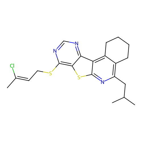 (Z)-8-((3-chlorobut-2-en-1-yl)thio)-5-isobutyl-1,2,3,4-tetrahydropyrimido[4',5':4,5]thieno[2,3-c]isoquinoline structure
