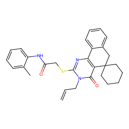 2-((3-allyl-4-oxo-4,6-dihydro-3H-spiro[benzo[h]quinazoline-5,1'-cyclohexan]-2-yl)thio)-N-(o-tolyl)acetamide structure