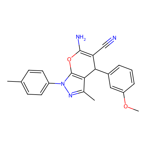 6-amino-3-methyl-4-[3-(methyloxy)phenyl]-1-(4-methylphenyl)-1,4-dihydropyrano[2,3-c]pyrazole-5-carbonitrile structure
