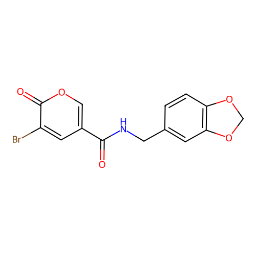 N-(1,3-benzodioxol-5-ylmethyl)-3-bromo-2-oxo-2H-pyran-5-carboxamide structure