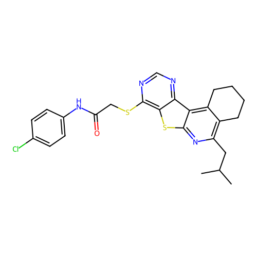 N-(4-chlorophenyl)-2-((5-isobutyl-1,2,3,4-tetrahydropyrimido[4',5':4,5]thieno[2,3-c]isoquinolin-8-yl)thio)acetamide structure