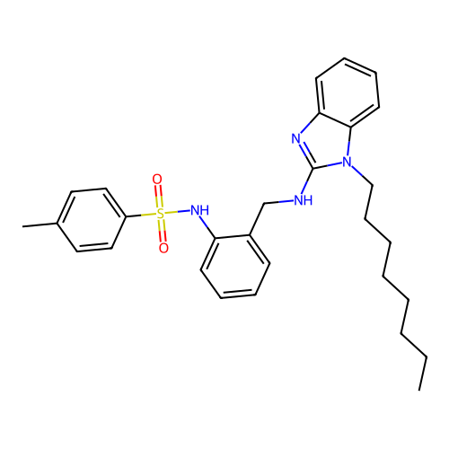 4-methyl-N-(2-(((1-octyl-1H-benzo[d]imidazol-2-yl)amino)methyl)phenyl)benzenesulfonamide structure
