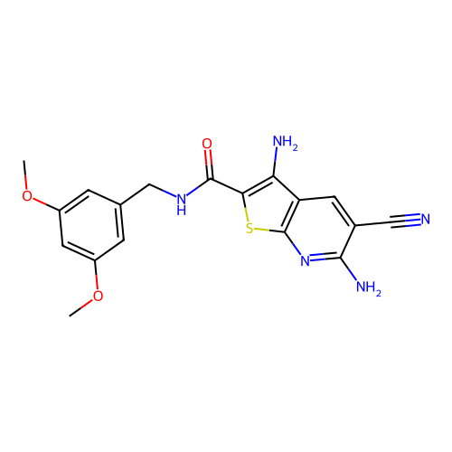 3,6-diamino-5-cyano-N-(3,5-dimethoxybenzyl)thieno[2,3-b]pyridine-2-carboxamide structure