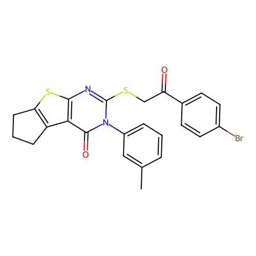 2-((2-(4-bromophenyl)-2-oxoethyl)thio)-3-(m-tolyl)-6,7-dihydro-3H-cyclopenta[4,5]thieno[2,3-d]pyrimidin-4(5H)-one structure