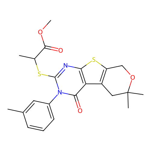 methyl 2-{[6,6-dimethyl-3-(3-methylphenyl)-4-oxo-3,5,6,8-tetrahydro-4H-pyrano[4',3':4,5]thieno[2,3-d]pyrimidin-2-yl]sulfanyl}propanoate structure