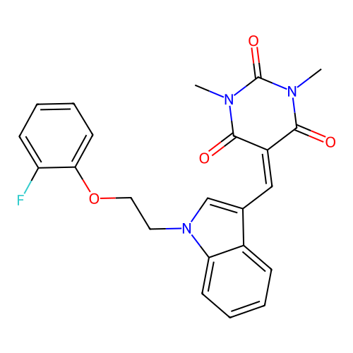 5-[[1-[2-(2-fluorophenoxy)ethyl]indol-3-yl]methylidene]-1,3-dimethyl-1,3-diazinane-2,4,6-trione structure