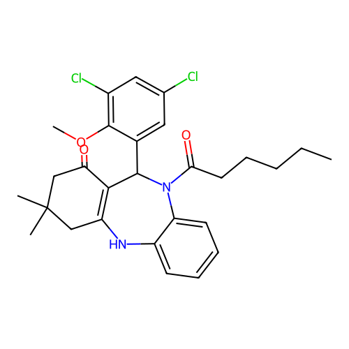 11-(3,5-dichloro-2-methoxyphenyl)-10-hexanoyl-3,3-dimethyl-2,3,4,5,10,11-hexahydro-1H-dibenzo[b,e][1,4]diazepin-1-one structure