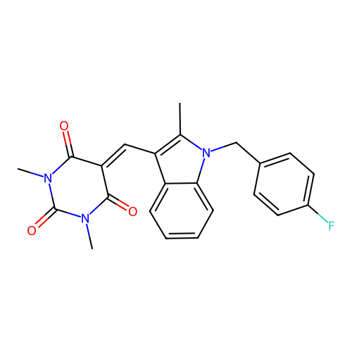 5-((1-(4-fluorobenzyl)-2-methyl-1H-indol-3-yl)methylene)-1,3-dimethylpyrimidine-2,4,6(1H,3H,5H)-trione structure