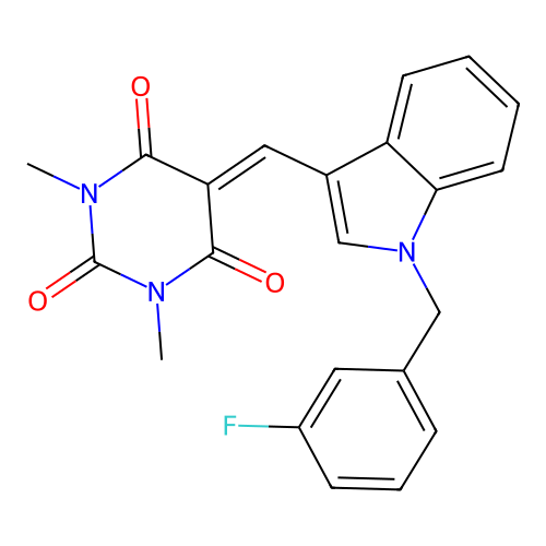 5-((1-(3-fluorobenzyl)-1H-indol-3-yl)methylene)-1,3-dimethylpyrimidine-2,4,6(1H,3H,5H)-trione structure