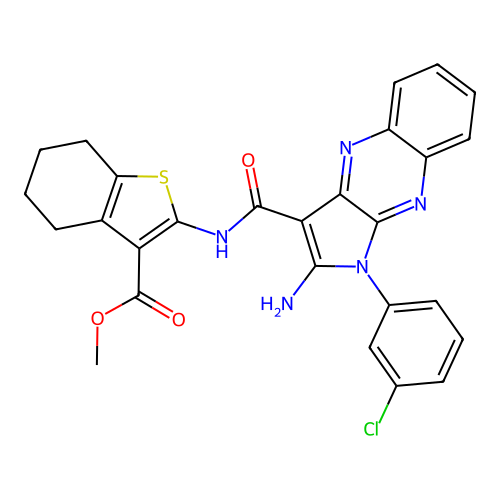 methyl 2-({[2-amino-1-(3-chlorophenyl)-1H-pyrrolo[2,3-b]quinoxalin-3-yl]carbonyl}amino)-4,5,6,7-tetrahydro-1-benzothiophene-3-carboxylate structure