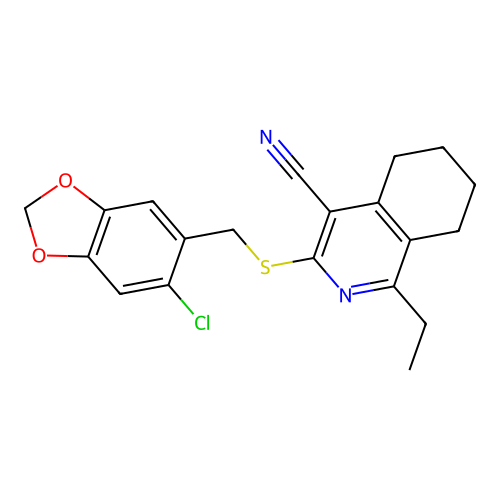 3-{[(6-chloro-1,3-benzodioxol-5-yl)methyl]sulfanyl}-1-ethyl-5,6,7,8-tetrahydroisoquinoline-4-carbonitrile structure