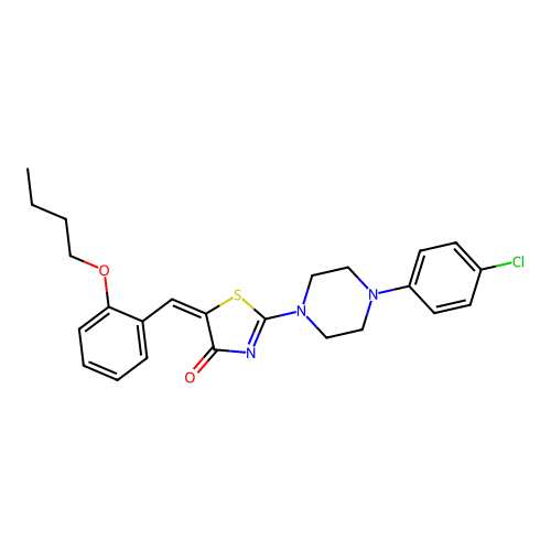(5E)-5-(2-butoxybenzylidene)-2-[4-(4-chlorophenyl)piperazin-1-yl]-1,3-thiazol-4(5H)-one structure