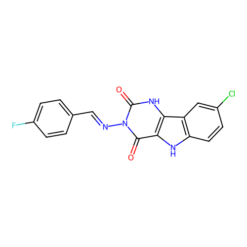 (E)-8-chloro-3-((4-fluorobenzylidene)amino)-1H-pyrimido[5,4-b]indole-2,4(3H,5H)-dione structure