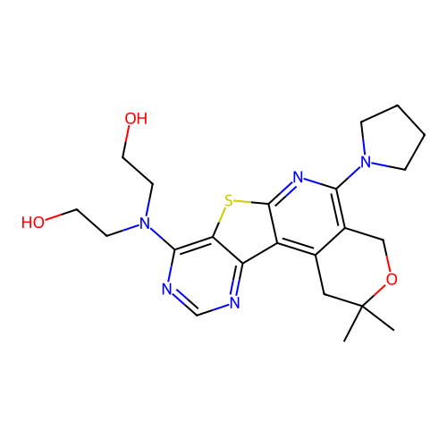 2,2'-((2,2-dimethyl-5-(pyrrolidin-1-yl)-2,4-dihydro-1H-pyrano[4'',3'':4',5']pyrido[3',2':4,5]thieno[3,2-d]pyrimidin-8-yl)azanediyl)diethanol structure
