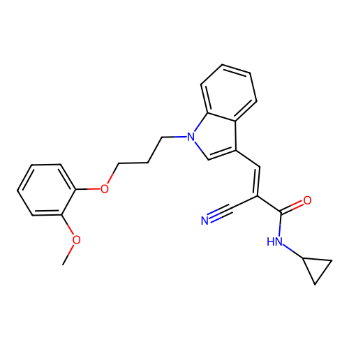 (E)-2-cyano-N-cyclopropyl-3-(1-(3-(2-methoxyphenoxy)propyl)-1H-indol-3-yl)acrylamide structure