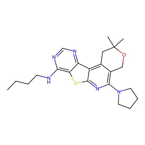 N-butyl-2,2-dimethyl-5-(pyrrolidin-1-yl)-1,4-dihydro-2H-pyrano[4'',3'':4',5']pyrido[3',2':4,5]thieno[3,2-d]pyrimidin-8-amine structure