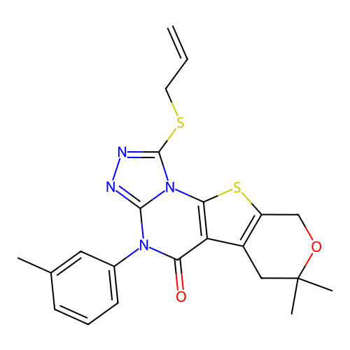 1-(allylthio)-7,7-dimethyl-4-(m-tolyl)-6,7-dihydro-4H-pyrano[4',3':4,5]thieno[3,2-e][1,2,4]triazolo[4,3-a]pyrimidin-5(9H)-one structure