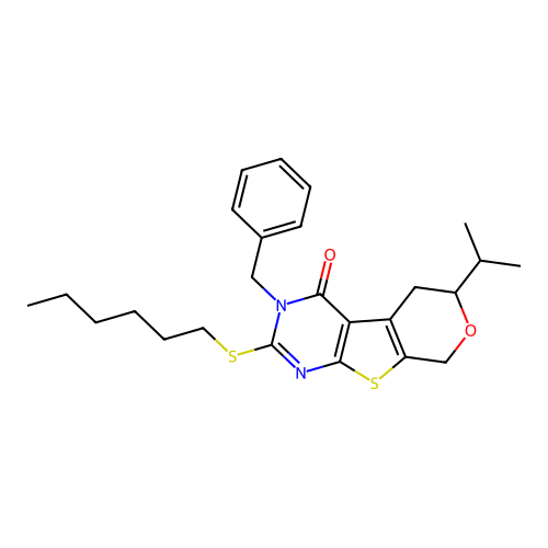3-benzyl-2-(hexylsulfanyl)-6-(propan-2-yl)-3,5,6,8-tetrahydro-4H-pyrano[4',3':4,5]thieno[2,3-d]pyrimidin-4-one structure