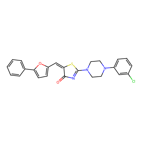 (5E)-2-[4-(3-chlorophenyl)piperazin-1-yl]-5-[(5-phenylfuran-2-yl)methylidene]-1,3-thiazol-4(5H)-one structure