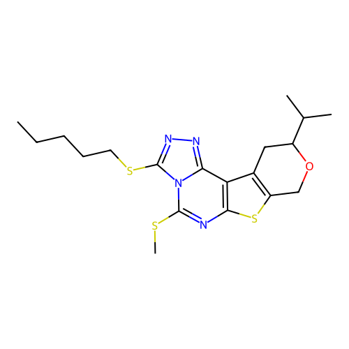 10-isopropyl-5-(methylthio)-3-(pentylthio)-10,11-dihydro-8H-pyrano[4',3':4,5]thieno[3,2-e][1,2,4]triazolo[4,3-c]pyrimidine structure