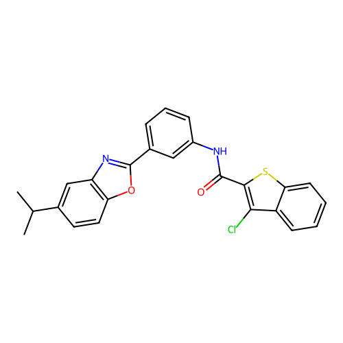 3-chloro-N-{3-[5-(propan-2-yl)-1,3-benzoxazol-2-yl]phenyl}-1-benzothiophene-2-carboxamide structure