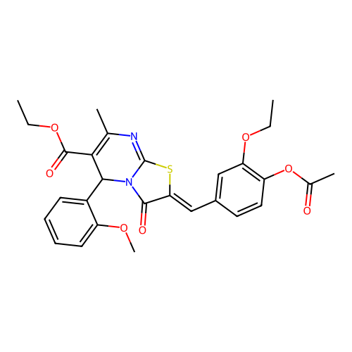 ethyl (2Z)-2-[4-(acetyloxy)-3-ethoxybenzylidene]-5-(2-methoxyphenyl)-7-methyl-3-oxo-2,3-dihydro-5H-[1,3]thiazolo[3,2-a]pyrimidine-6-carboxylate structure