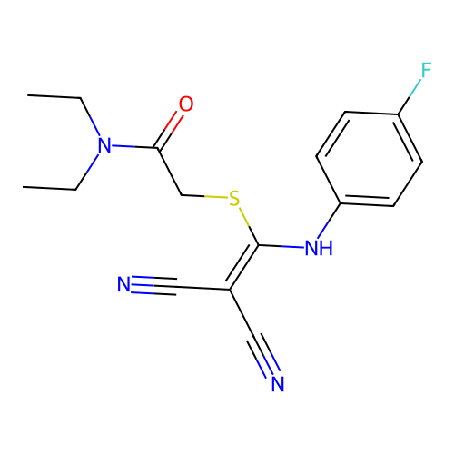 2-({2,2-dicyano-1-[(4-fluorophenyl)amino]ethenyl}sulfanyl)-N,N-diethylacetamide structure