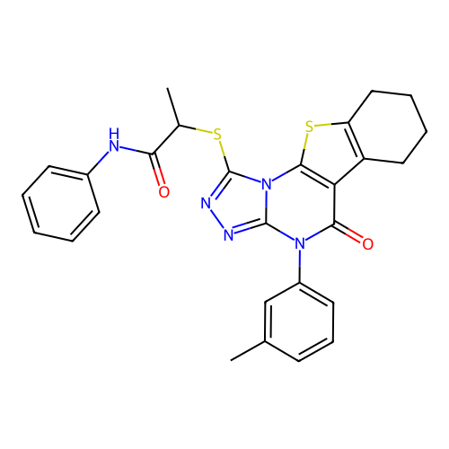2-((5-oxo-4-(m-tolyl)-4,5,6,7,8,9-hexahydrobenzo[4,5]thieno[3,2-e][1,2,4]triazolo[4,3-a]pyrimidin-1-yl)thio)-N-phenylpropanamide structure