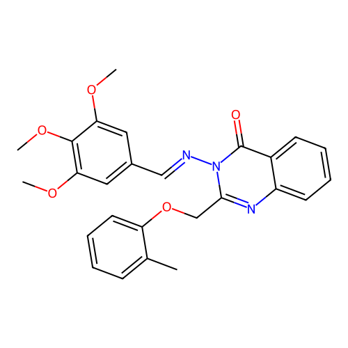 (E)-2-((o-tolyloxy)methyl)-3-((3,4,5-trimethoxybenzylidene)amino)quinazolin-4(3H)-one structure