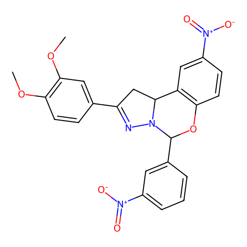 2-(3,4-dimethoxyphenyl)-9-nitro-5-(3-nitrophenyl)-1,10b-dihydropyrazolo[1,5-c][1,3]benzoxazine structure