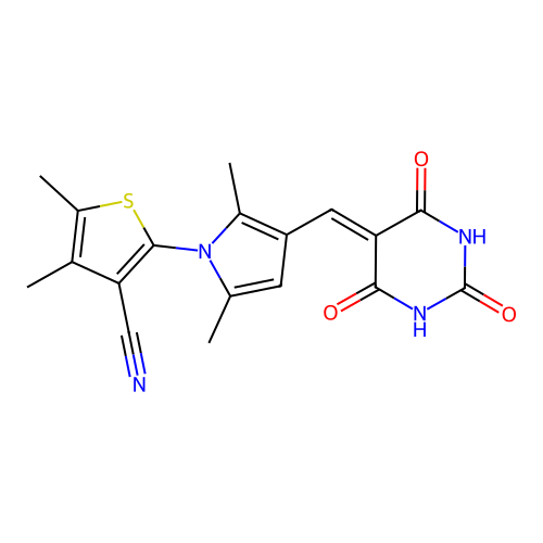 2-[2,5-Dimethyl-3-(2,4,6-trioxo-tetrahydro-pyrimidin-5-ylidenemethyl)-pyrrol-1-yl]-4,5-dimethyl-thiophene-3-carbonitrile structure