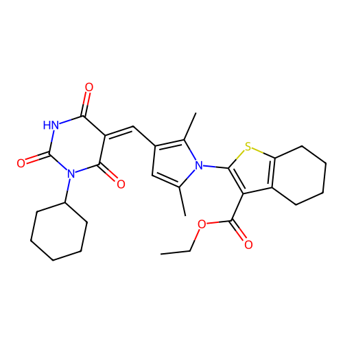 (Z)-ethyl 2-(3-((1-cyclohexyl-2,4,6-trioxotetrahydropyrimidin-5(2H)-ylidene)methyl)-2,5-dimethyl-1H-pyrrol-1-yl)-4,5,6,7-tetrahydrobenzo[b]thiophene-3-carboxylate structure
