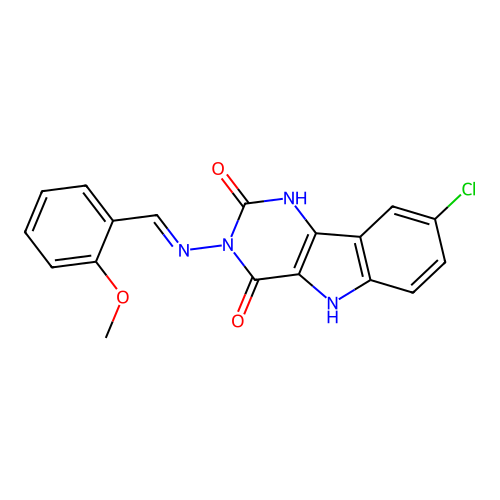 (E)-8-chloro-3-((2-methoxybenzylidene)amino)-1H-pyrimido[5,4-b]indole-2,4(3H,5H)-dione structure
