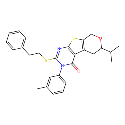 3-(3-methylphenyl)-2-[(2-phenylethyl)sulfanyl]-6-(propan-2-yl)-3,5,6,8-tetrahydro-4H-pyrano[4',3':4,5]thieno[2,3-d]pyrimidin-4-one structure