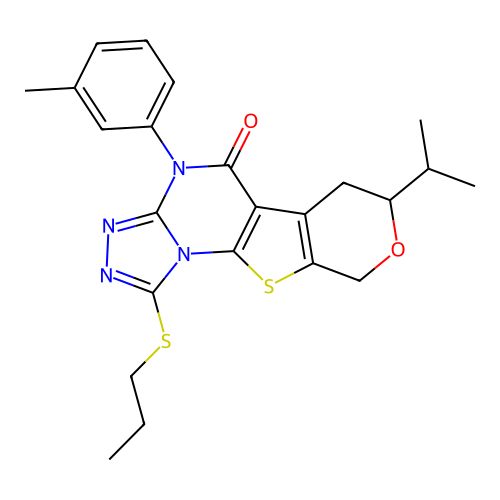 4-(3-methylphenyl)-7-(propan-2-yl)-1-(propylsulfanyl)-6,9-dihydro-7H-pyrano[4',3':4,5]thieno[3,2-e][1,2,4]triazolo[4,3-a]pyrimidin-5(4H)-one structure