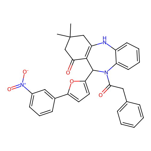 3,3-dimethyl-11-[5-(3-nitrophenyl)furan-2-yl]-10-(phenylacetyl)-2,3,4,5,10,11-hexahydro-1H-dibenzo[b,e][1,4]diazepin-1-one structure