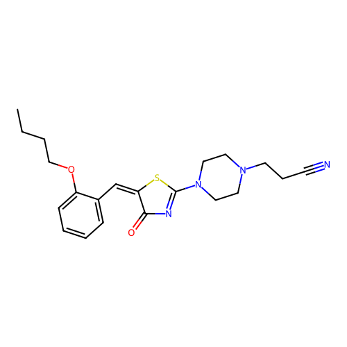 (E)-3-(4-(5-(2-butoxybenzylidene)-4-oxo-4,5-dihydrothiazol-2-yl)piperazin-1-yl)propanenitrile structure