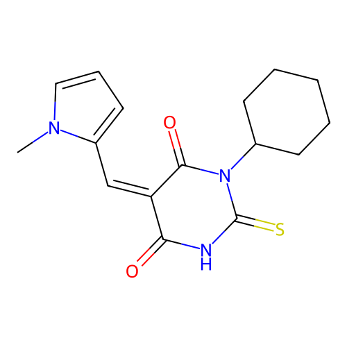 (Z)-1-cyclohexyl-5-((1-methyl-1H-pyrrol-2-yl)methylene)-2-thioxodihydropyrimidine-4,6(1H,5H)-dione structure