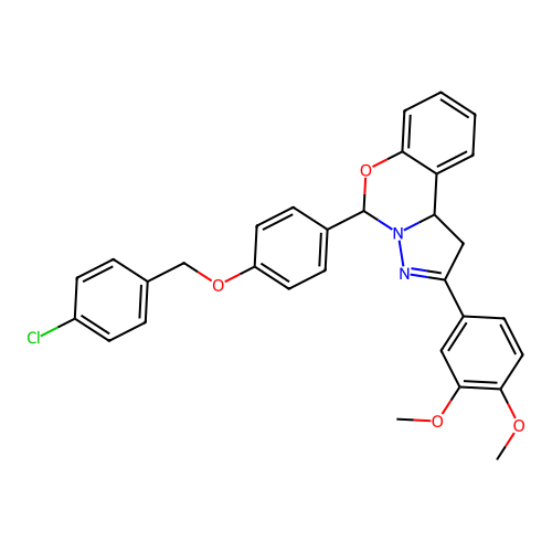 5-(4-((4-chlorobenzyl)oxy)phenyl)-2-(3,4-dimethoxyphenyl)-5,10b-dihydro-1H-benzo[e]pyrazolo[1,5-c][1,3]oxazine structure