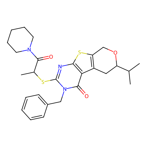 3-benzyl-2-{[1-oxo-1-(piperidin-1-yl)propan-2-yl]sulfanyl}-6-(propan-2-yl)-3,5,6,8-tetrahydro-4H-pyrano[4',3':4,5]thieno[2,3-d]pyrimidin-4-one structure