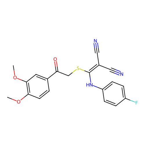({[2-(3,4-dimethoxyphenyl)-2-oxoethyl]sulfanyl}[(4-fluorophenyl)amino]methylidene)propanedinitrile structure