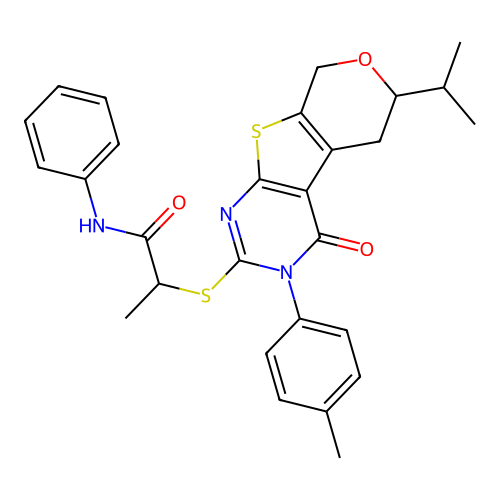 2-((6-isopropyl-4-oxo-3-(p-tolyl)-4,5,6,8-tetrahydro-3H-pyrano[4',3':4,5]thieno[2,3-d]pyrimidin-2-yl)thio)-N-phenylpropanamide structure