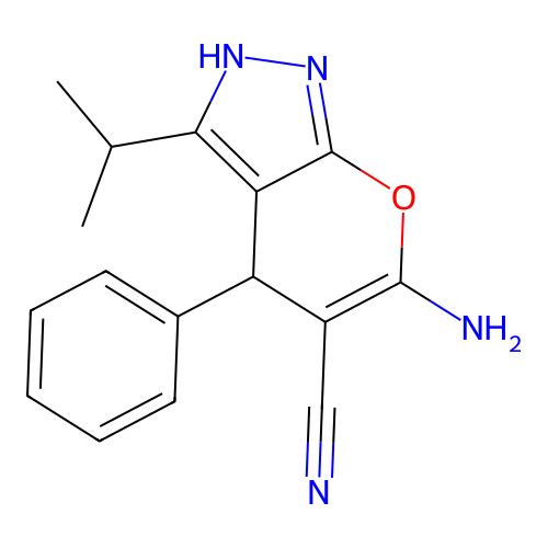6-Amino-4-phenyl-3-(propan-2-yl)-1,4-dihydropyrano[2,3-c]pyrazole-5-carbonitrile structure