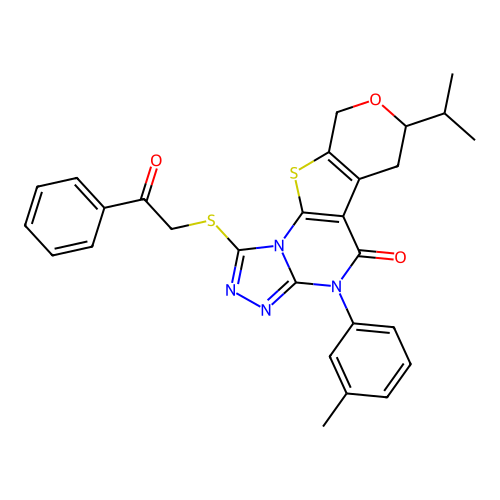 4-(3-methylphenyl)-1-[(2-oxo-2-phenylethyl)sulfanyl]-7-(propan-2-yl)-6,9-dihydro-7H-pyrano[4',3':4,5]thieno[3,2-e][1,2,4]triazolo[4,3-a]pyrimidin-5(4H)-one structure